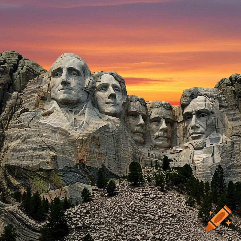 Mount Rushmore with faces of Joker, Sauron, Darth Vader, and Voldemort carved into the rock at sunset.