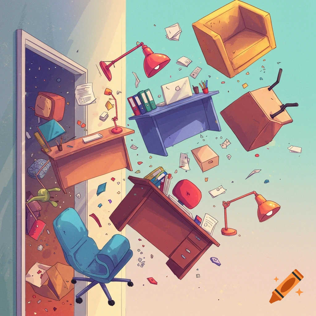 Office furniture flying out of a door