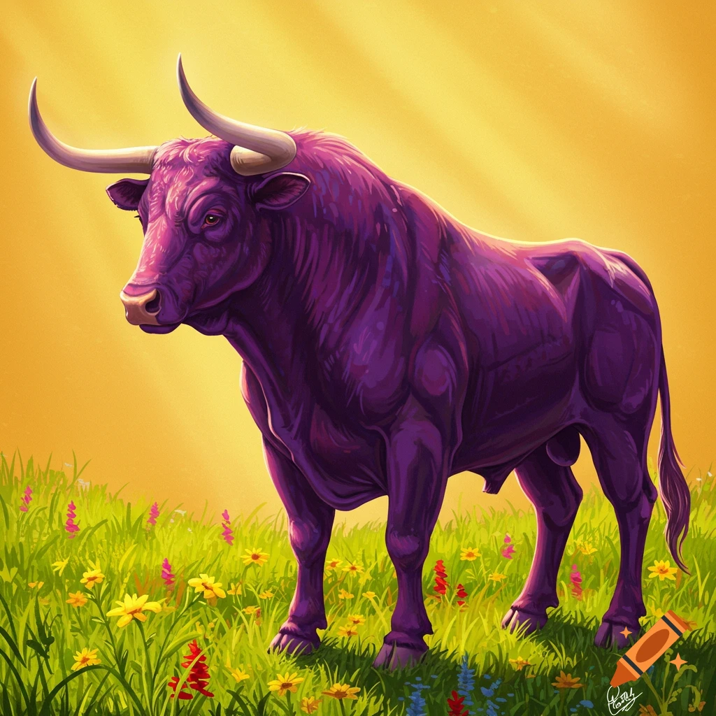 A purple bull stands in a field of flowers under a sunny sky.