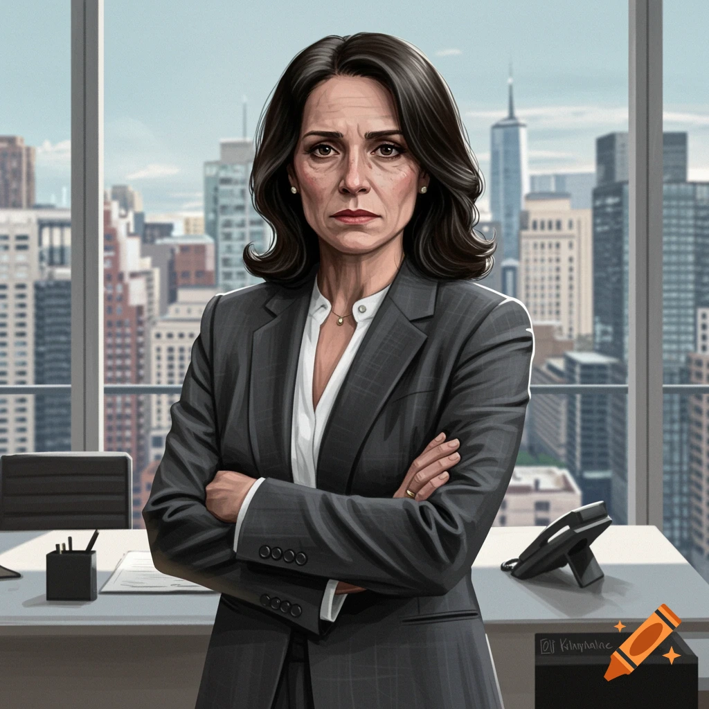 A serious woman in a grey suit with crossed arms in an office overlooking a city skyline.