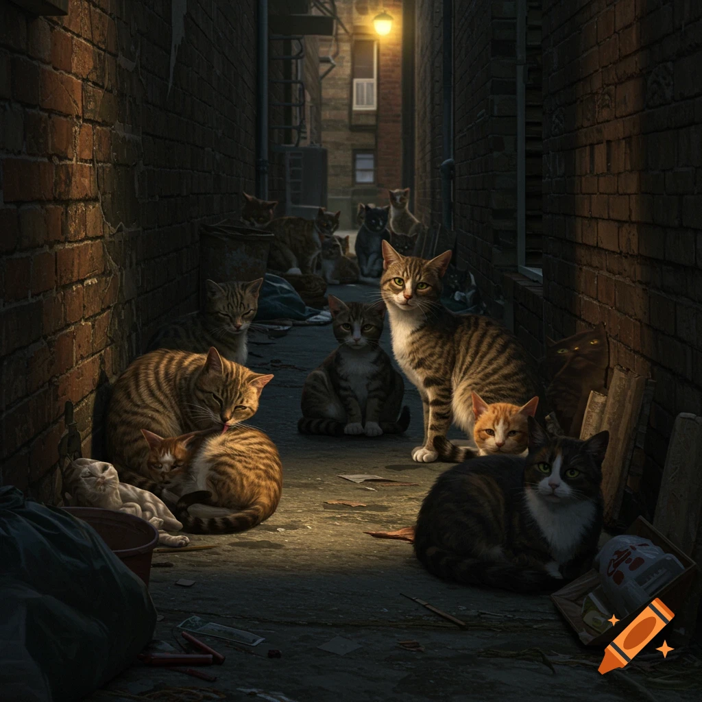 A colony of feral cats gathered in a dark alley.