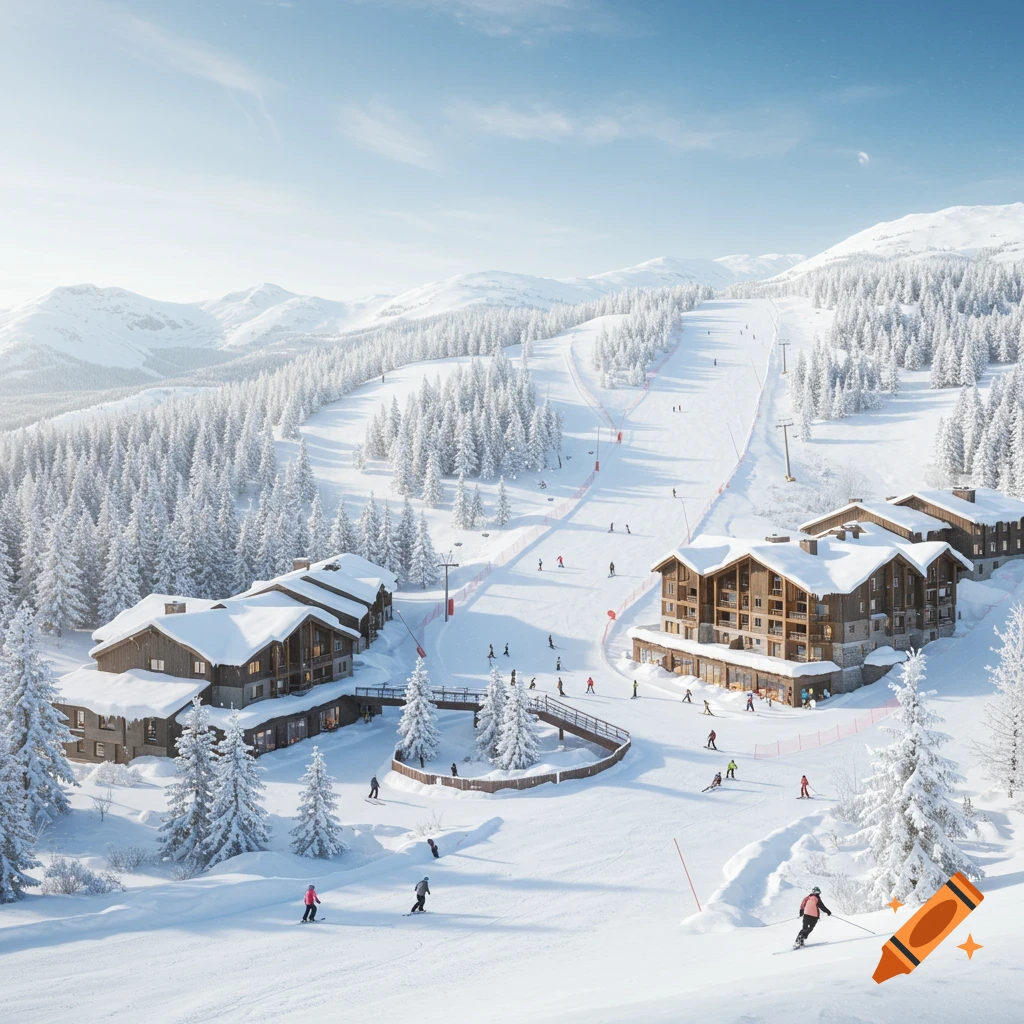 A hyper-realistic rendering of a snowy ski resort with buildings, slopes, skiers, and snow-covered trees and mountains.