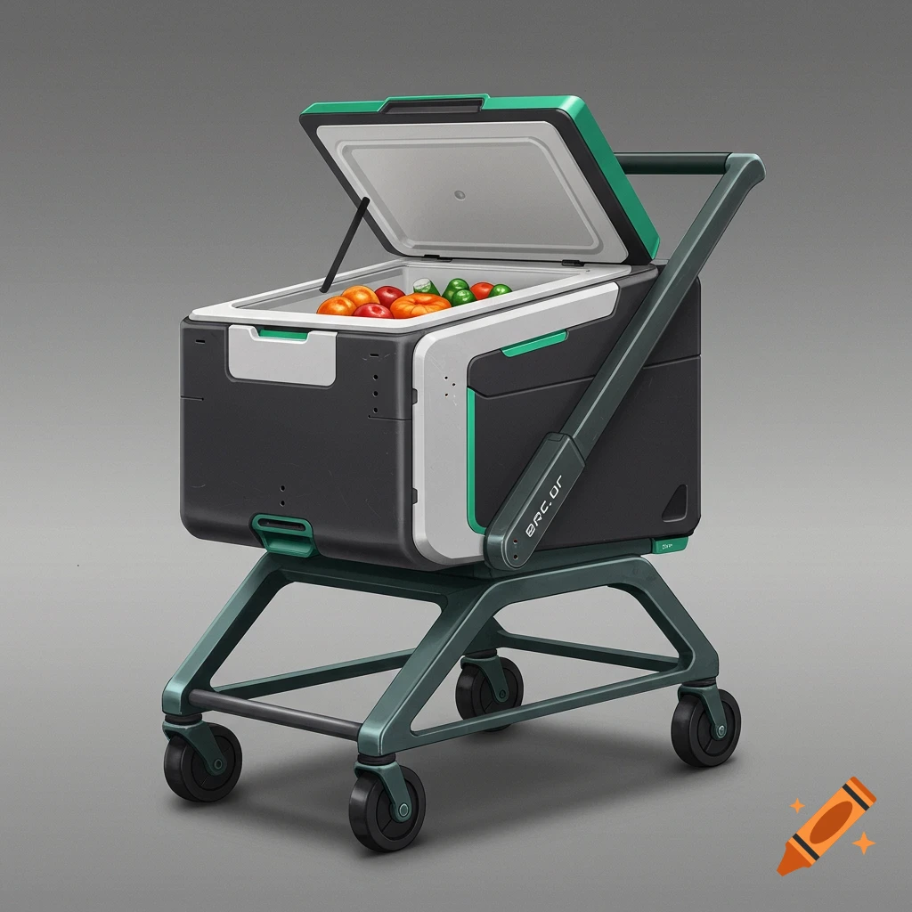 A futuristic shopping cart with a built-in cooler filled with fruits and vegetables.