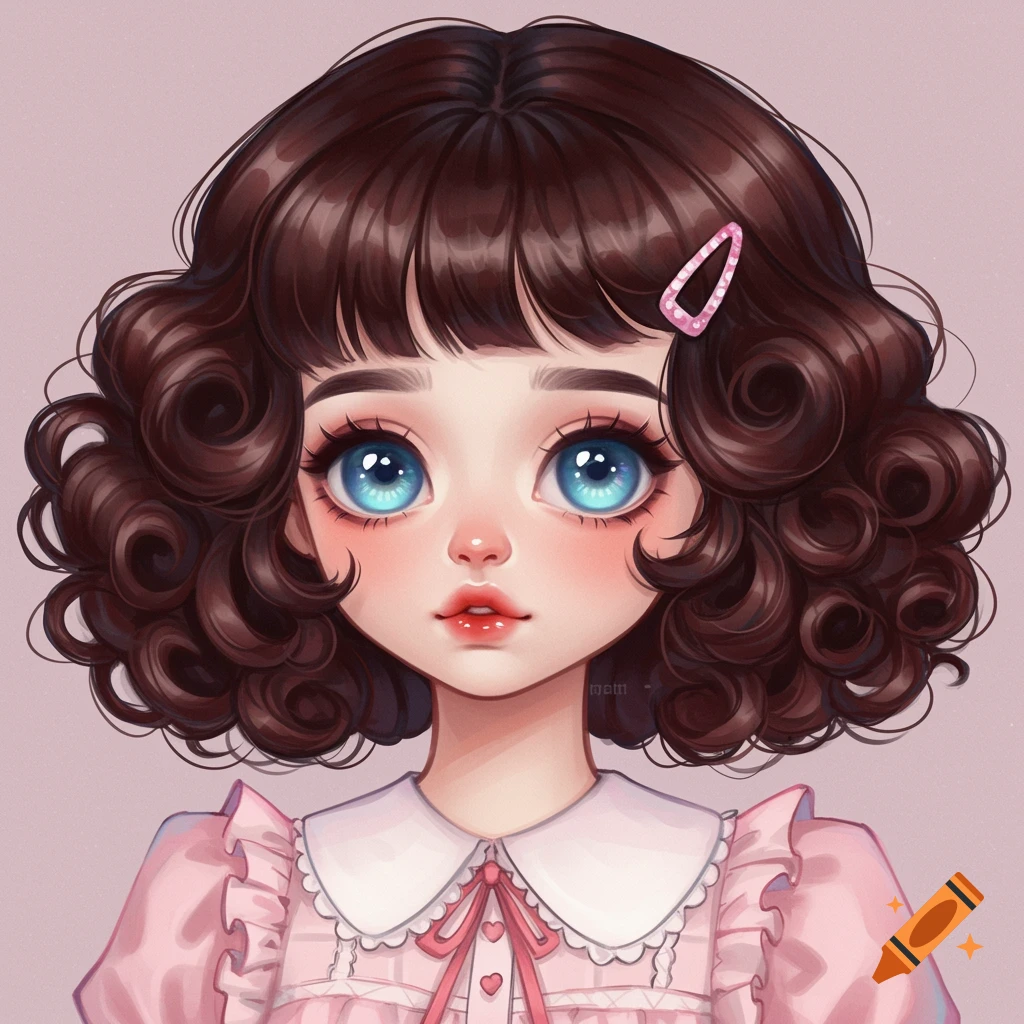 A girl with brown curly hair and big blue eyes wearing a pink dress with a white collar in a kawaii style.