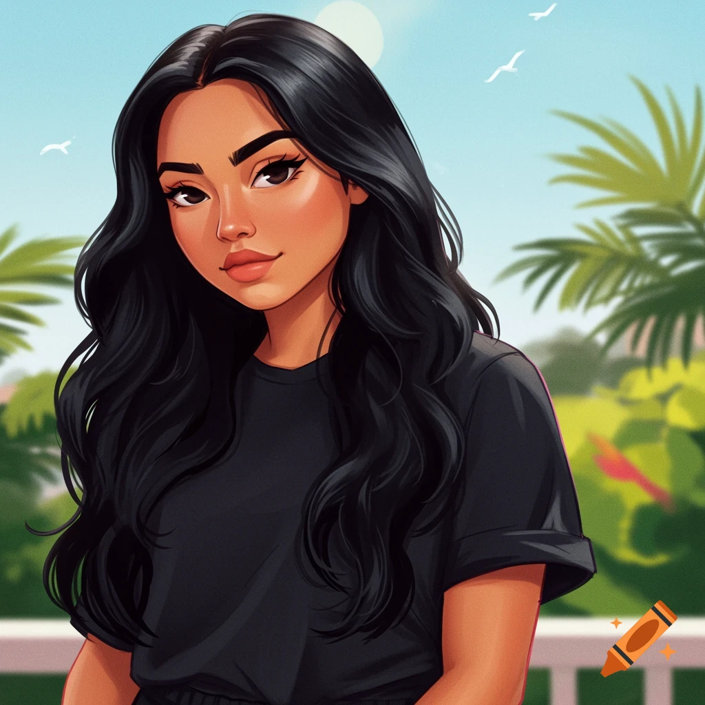 A vibrant young woman with long black hair against a tropical background.