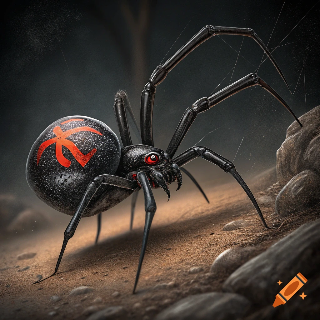 A black widow spider with a red hourglass marking sits on the ground.