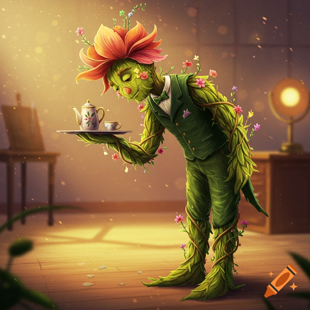 A bowing plant character dressed as a butler, holding a tray with a teapot and cup.