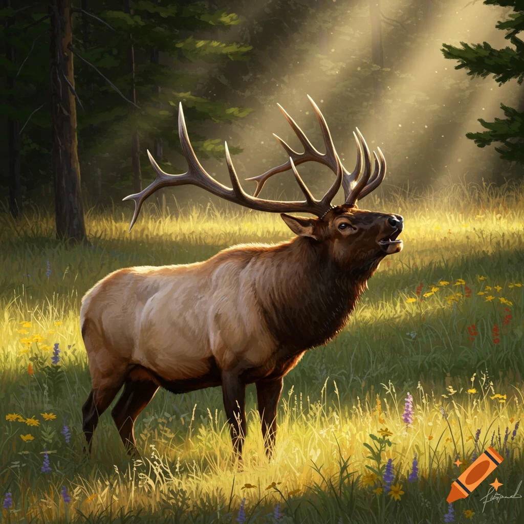 A large elk stands in a sunny forest clearing, bugling