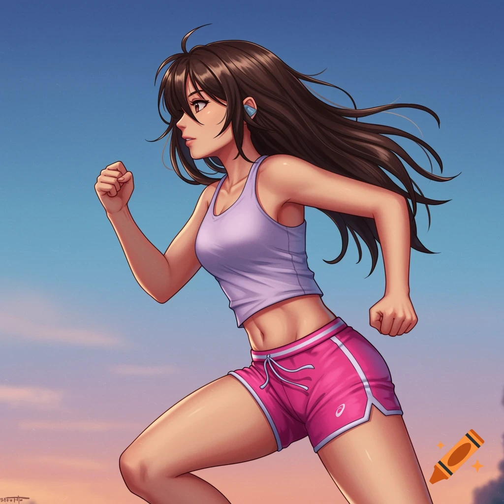 Anime style image of a young girl running in pink shorts and a tank top under a twilight sky.