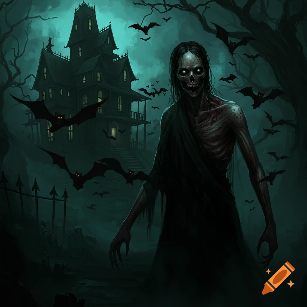 A skeletal zombie-like figure stands before a haunted house with bats flying in a dark, spooky atmosphere.