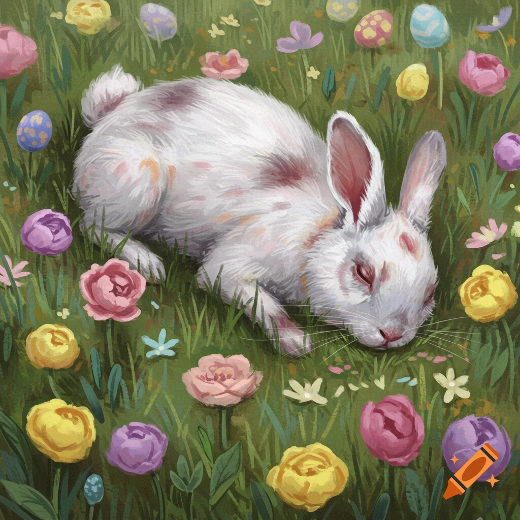 A white rabbit rests in a field among colorful flowers and Easter eggs.