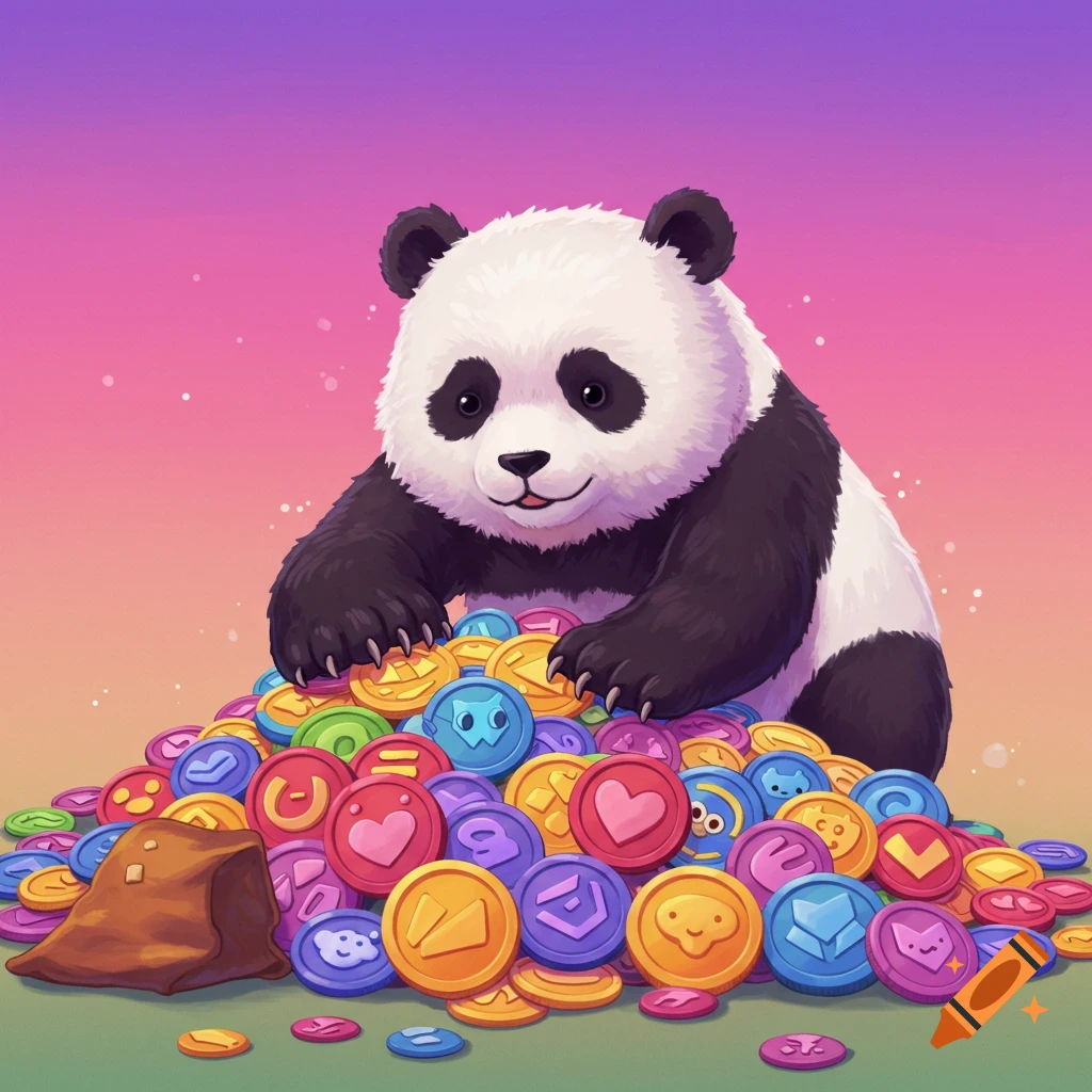 A cartoon panda sits on a large pile of colorful coins with various symbols.