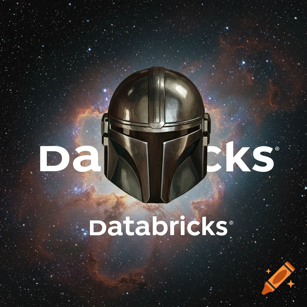 A Mandalorian helmet over a galaxy background with the Databricks logo text.