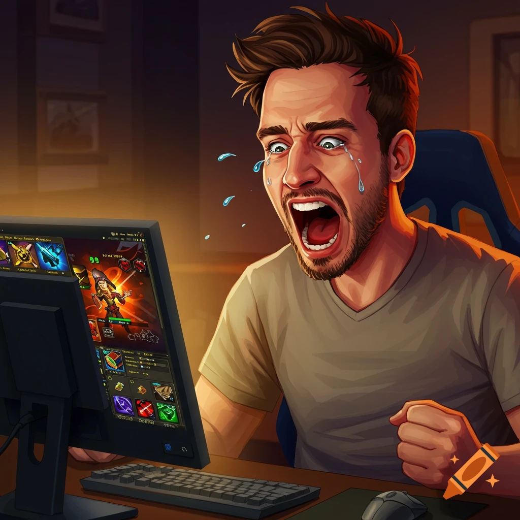 A man crying and yelling while playing a video game on a computer.