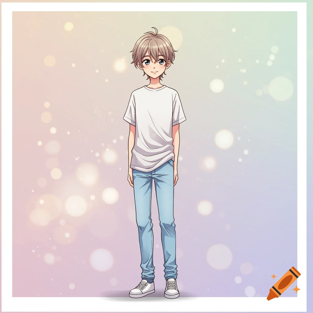 Anime boy with light brown hair wearing a white t-shirt and jeans stands against a pastel background with bokeh.