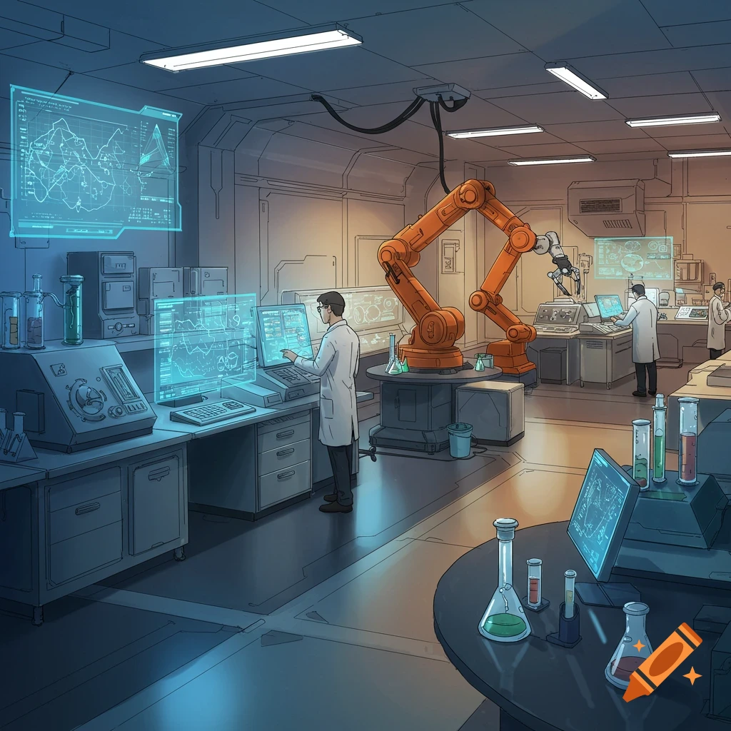 A futuristic lab with scientists, a robot arm, and data screens