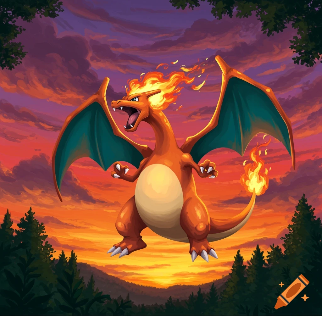 A creature resembling Charizard is shown flying against a vibrant sunset sky.
