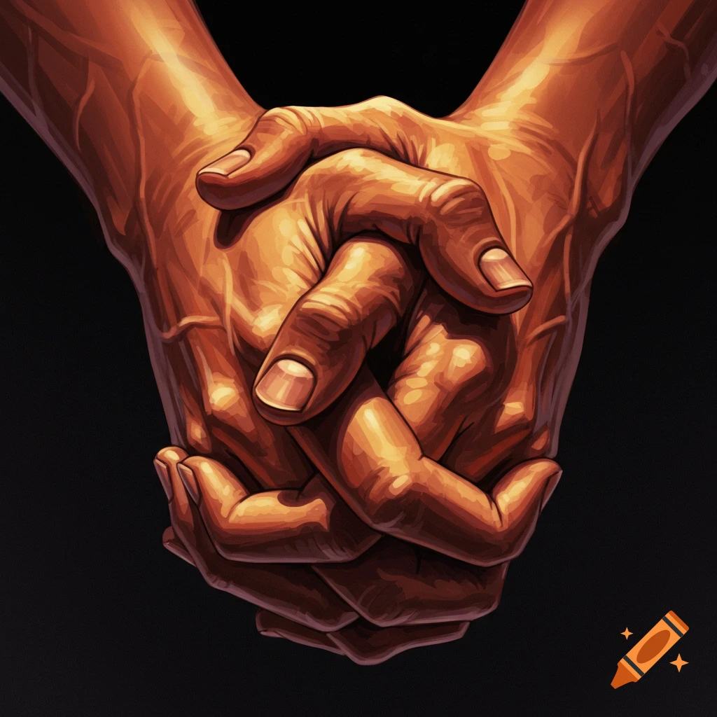 Two hands are clasped tightly, fingers intertwined.