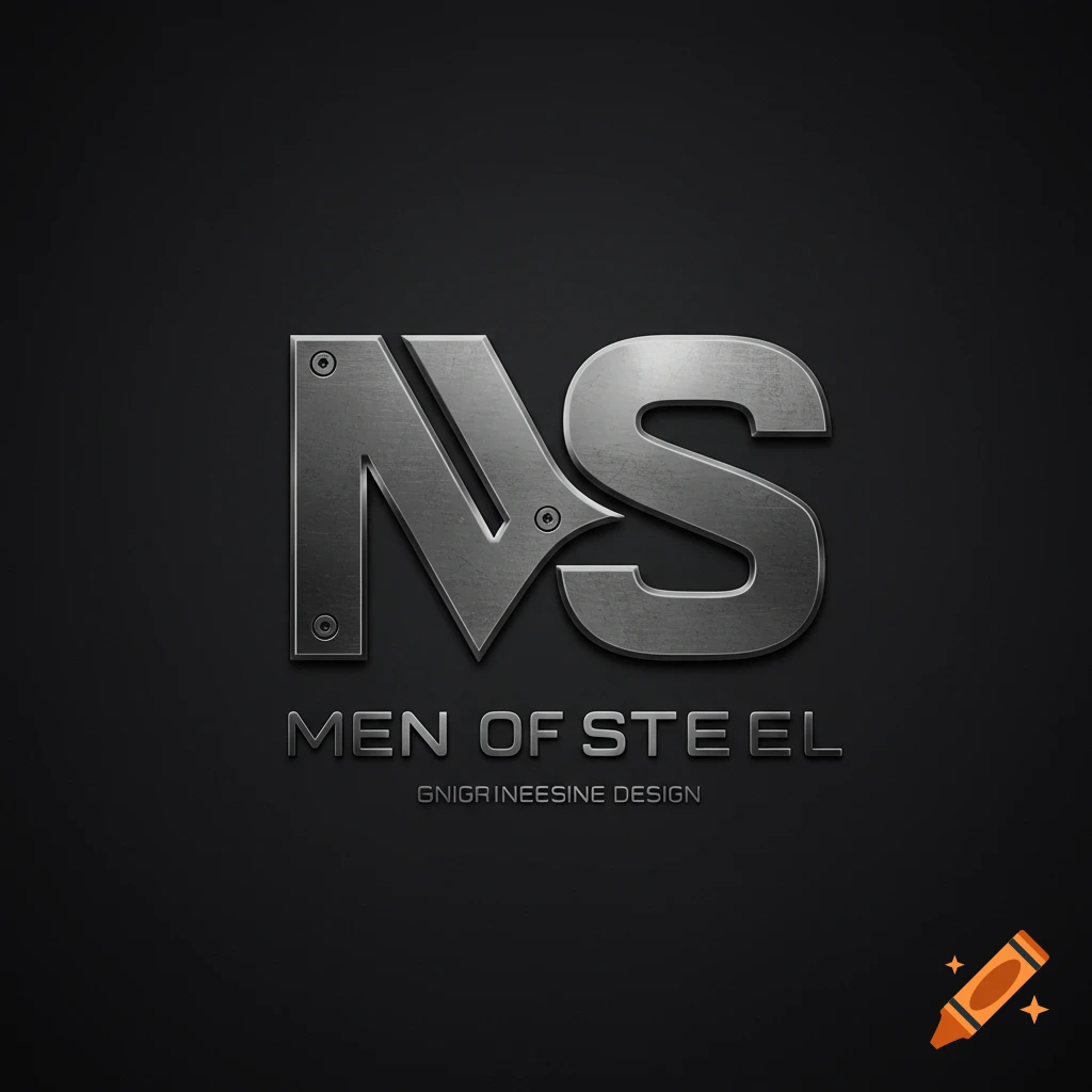 Metallic logo with initials NS, text 'MEN OF STEEL', and smaller text below on a dark background.