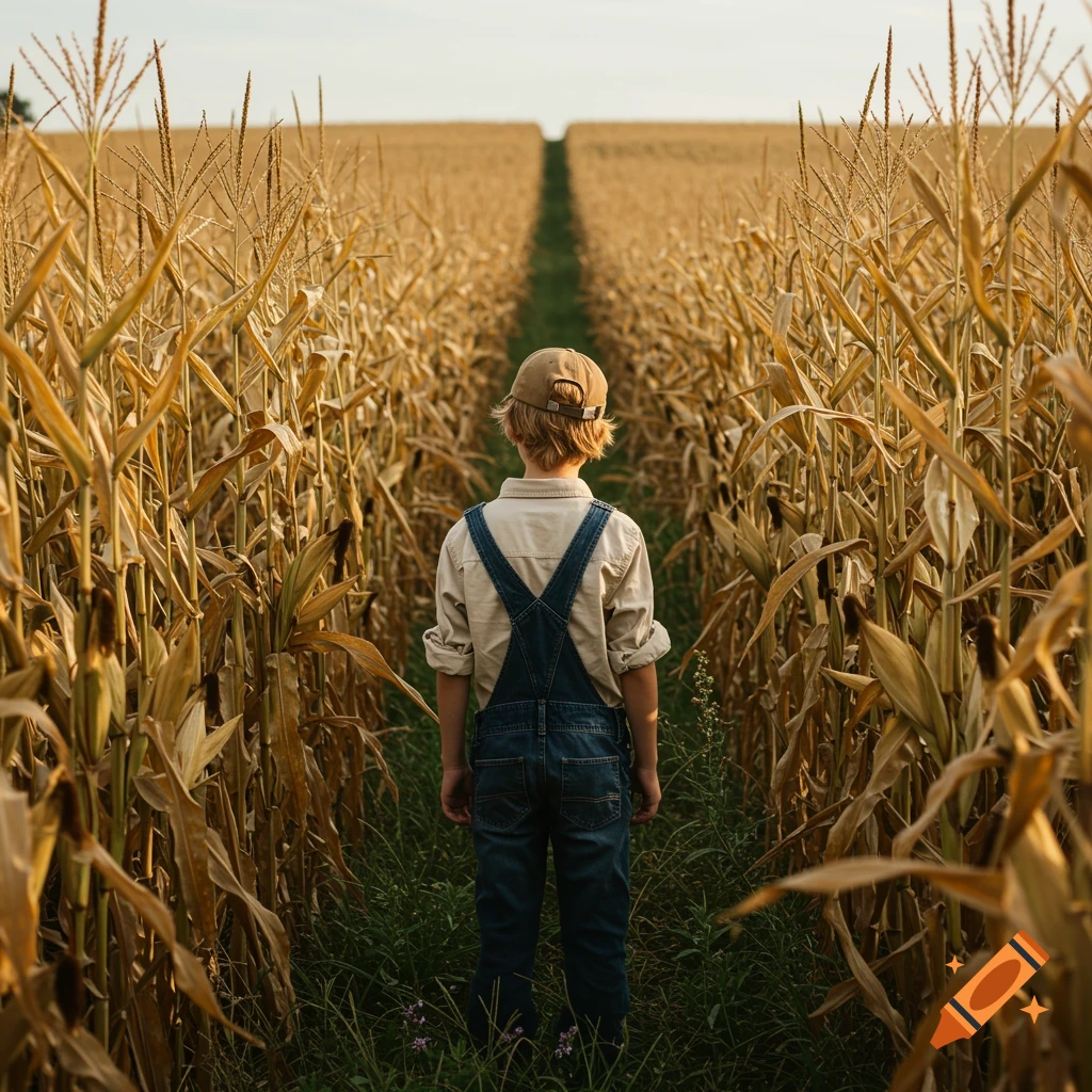Boy standing in a vast golden cornfield looking into the distance