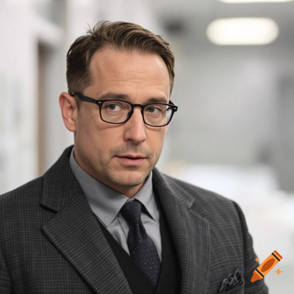 Photorealistic portrait of a man in a suit and glasses.
