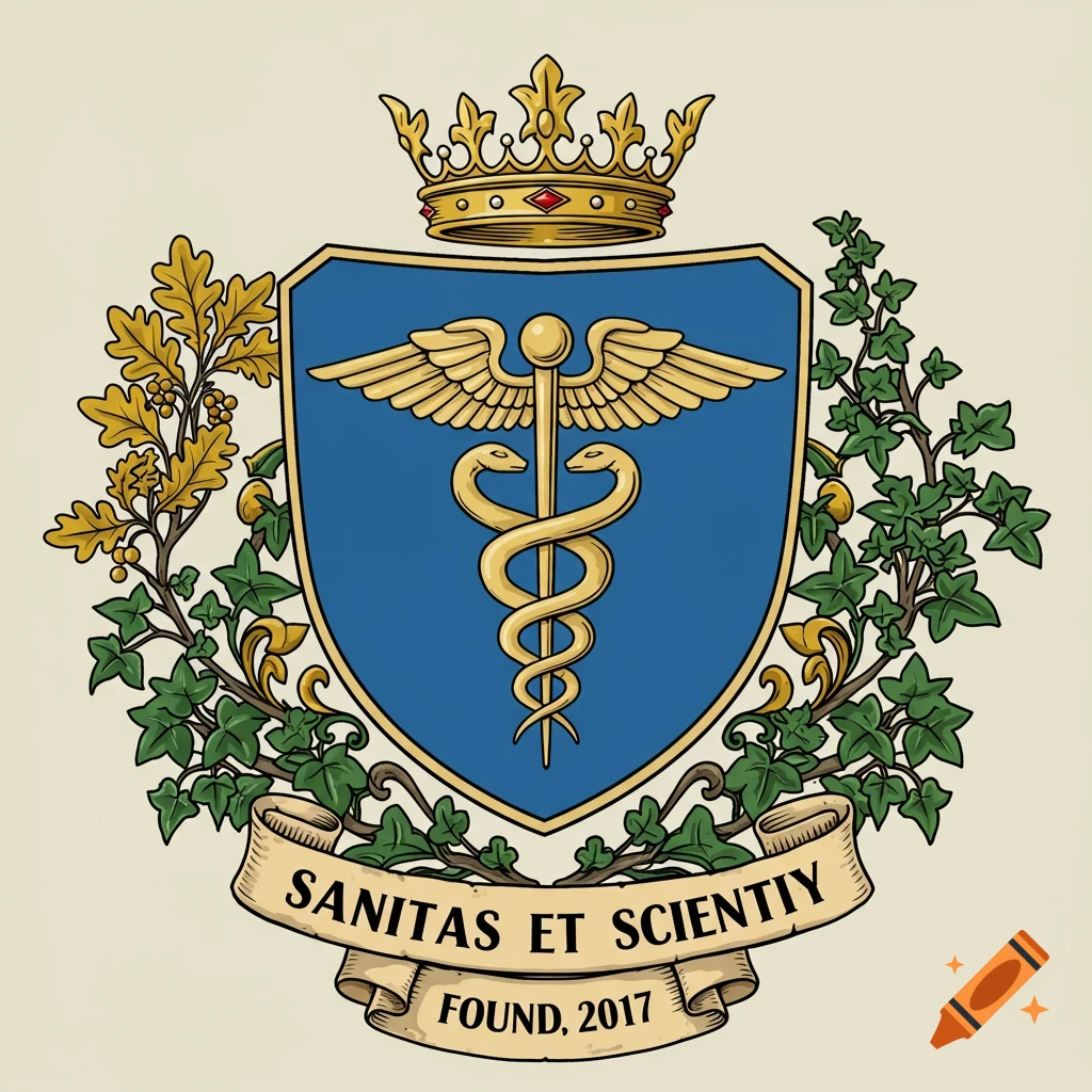 Coat of arms with blue shield, gold caduceus, crown, oak and ivy branches, and a banner with text.