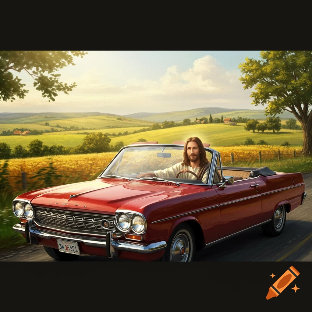 Jesus driving a red convertible through a sunny countryside landscape.