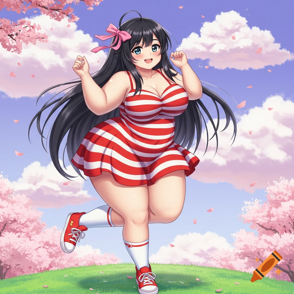 Anime girl in a red and white striped dress standing in a park with cherry blossoms