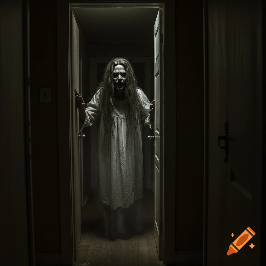 A scary ghost woman stands in a dark doorway in a spooky hallway.