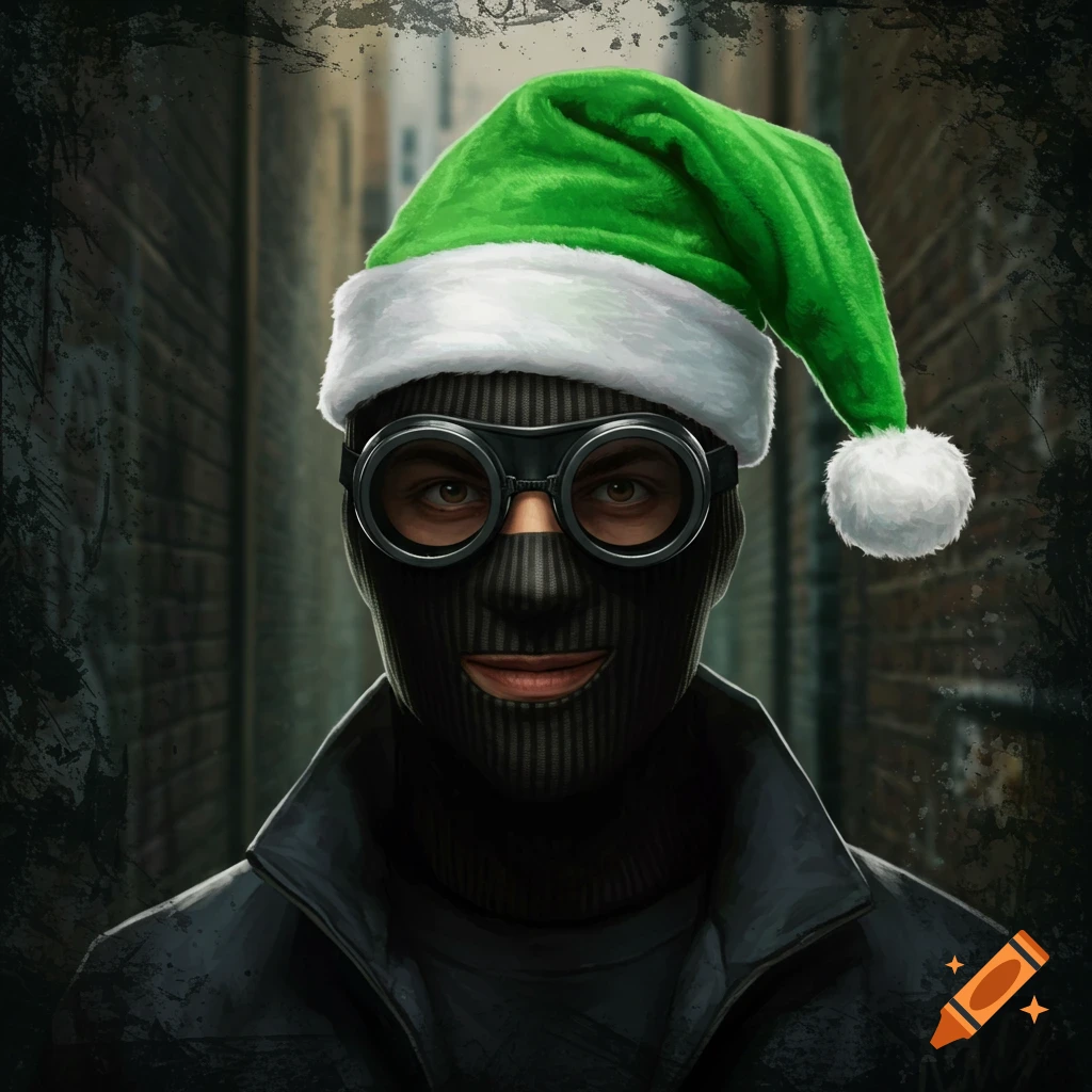 A person in a black mask, goggles, and a green Santa hat.