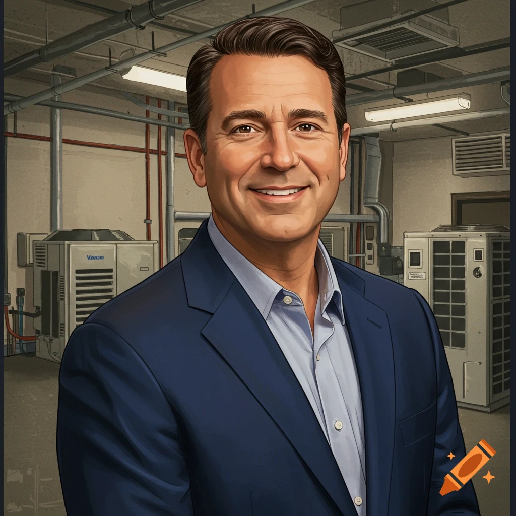 A man in a suit stands in a room filled with refrigeration equipment.