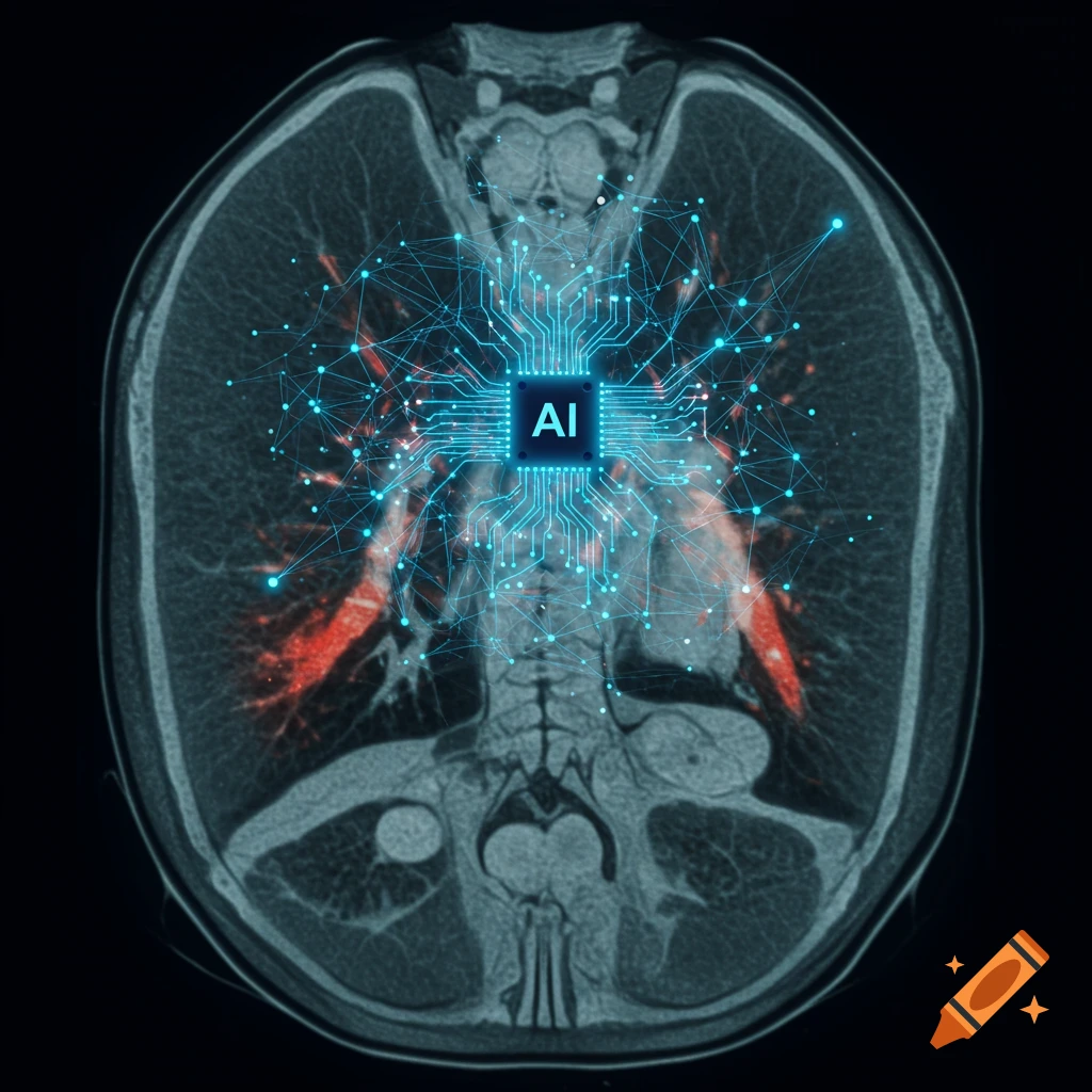Digital art of a medical body scan overlaid with a glowing blue circuit board and an 'AI' chip