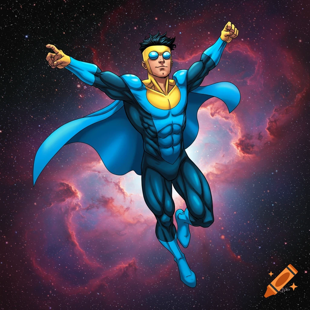 A person in a blue and yellow superhero suit flies through space, arms raised, pointing.