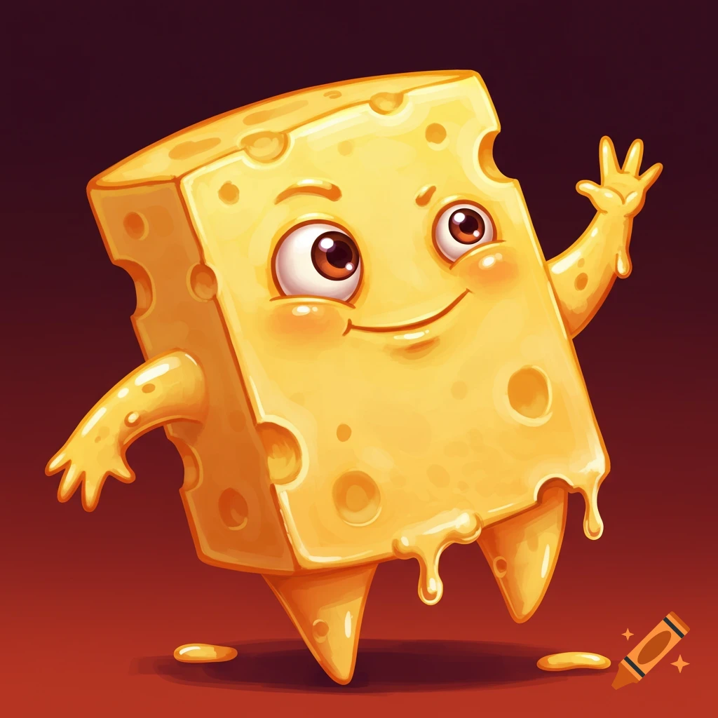Cartoon block of cheese character smiling and waving