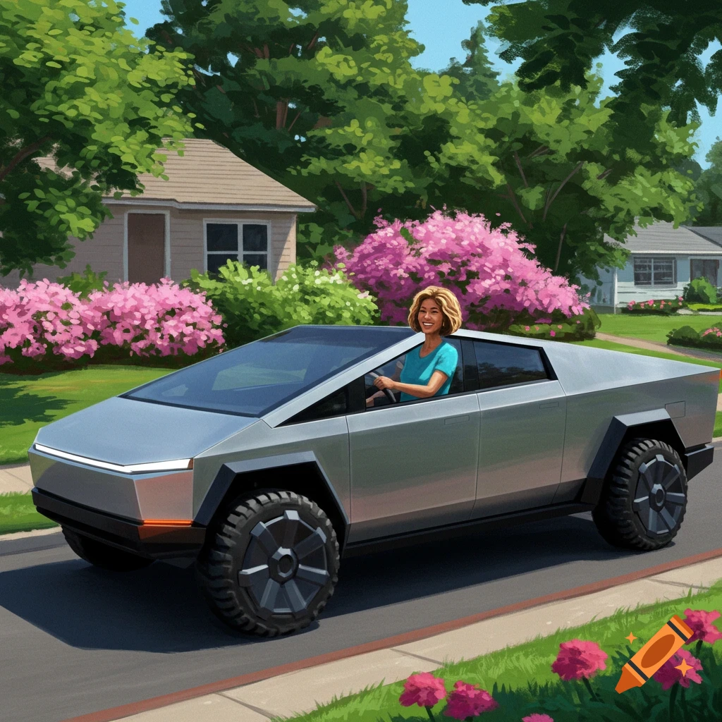 A woman is driving a Tesla Cyber Truck in a suburban neighborhood.