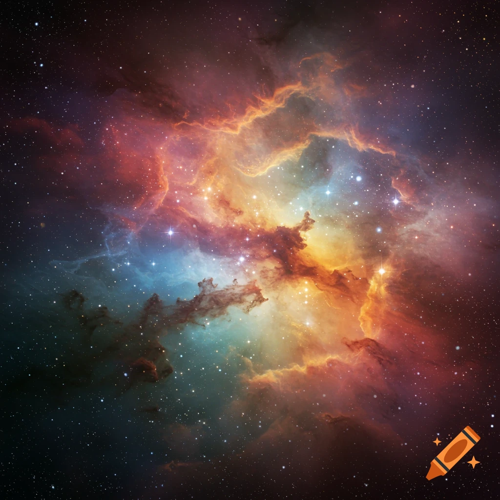 A vibrant image of a colorful nebula with bright stars and cosmic clouds.