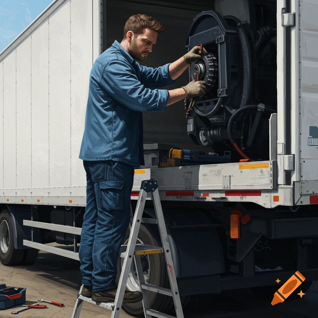 A man stands on a ladder, repairing machinery on the back of a semi-trailer.