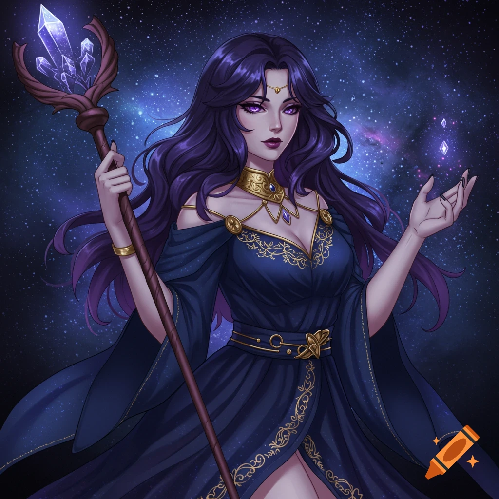 Anime illustration of a woman with purple hair and a staff against a starry background.