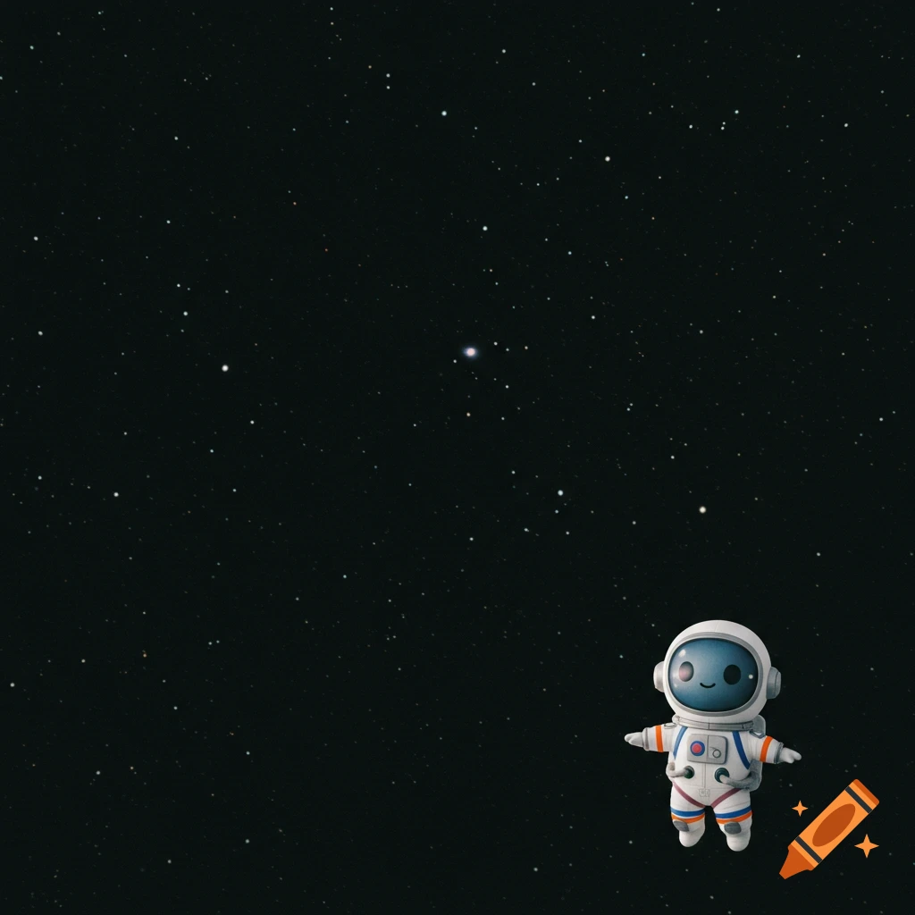 A cute cartoon astronaut floats in outer space.