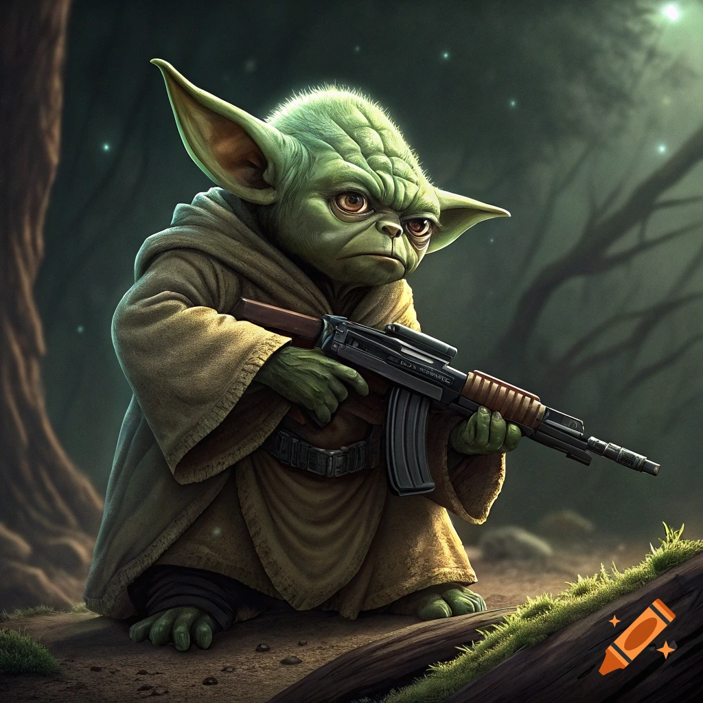 Yoda holds a rifle while crouching in a forest at night.