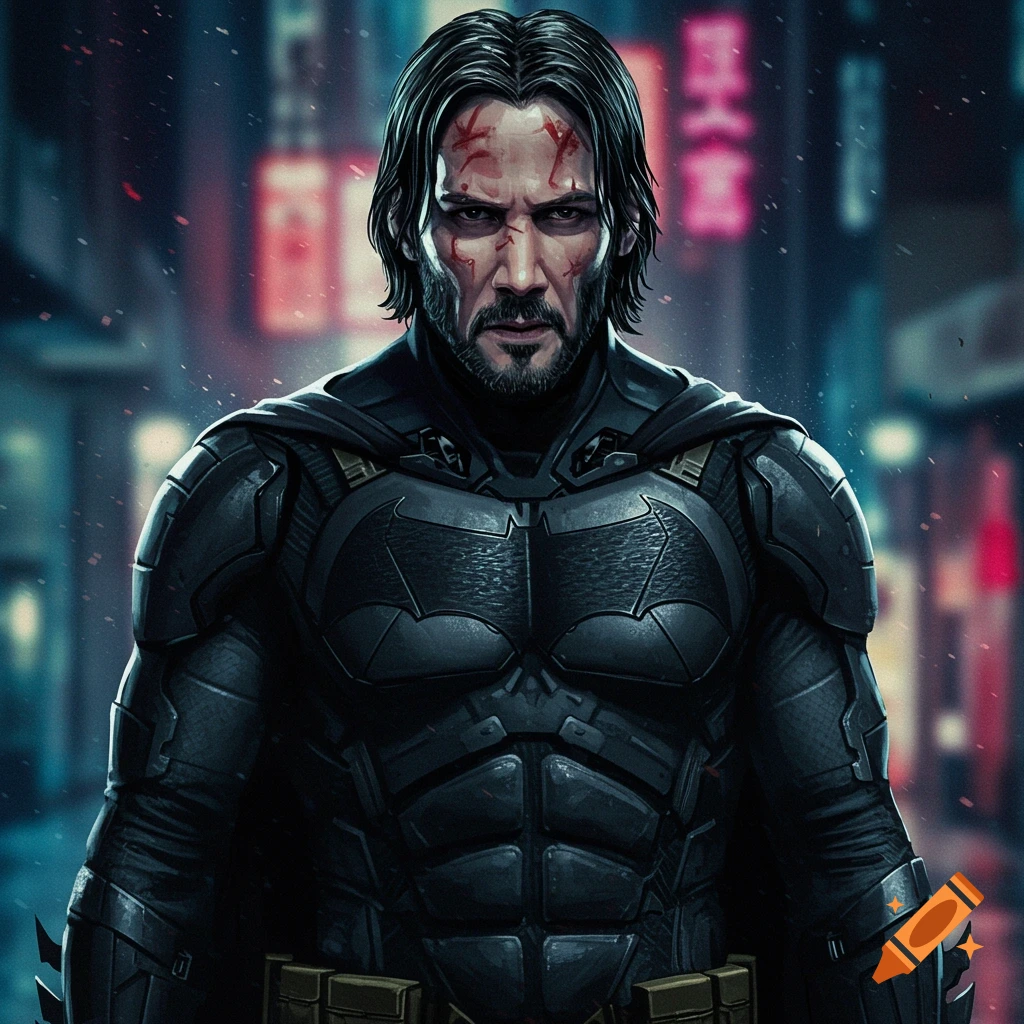 A man wearing a black Batman suit with cuts on his face stands in a rainy city street.