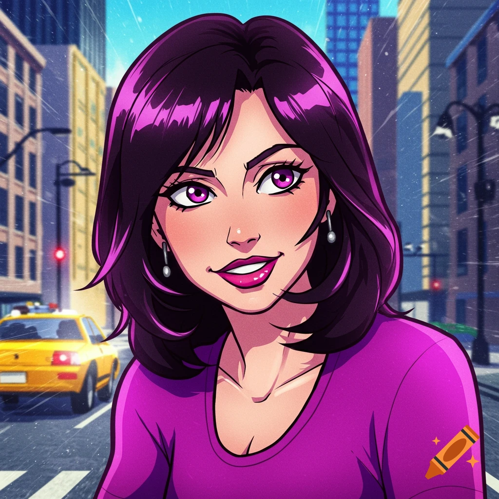 Anime portrait of a woman with purple hair and eyes smiling in a city street.