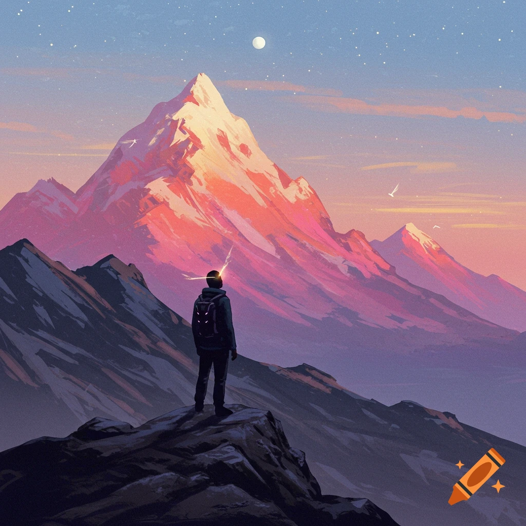 A lone figure stands on a mountain peak looking at a pink and orange sunset over mountains.
