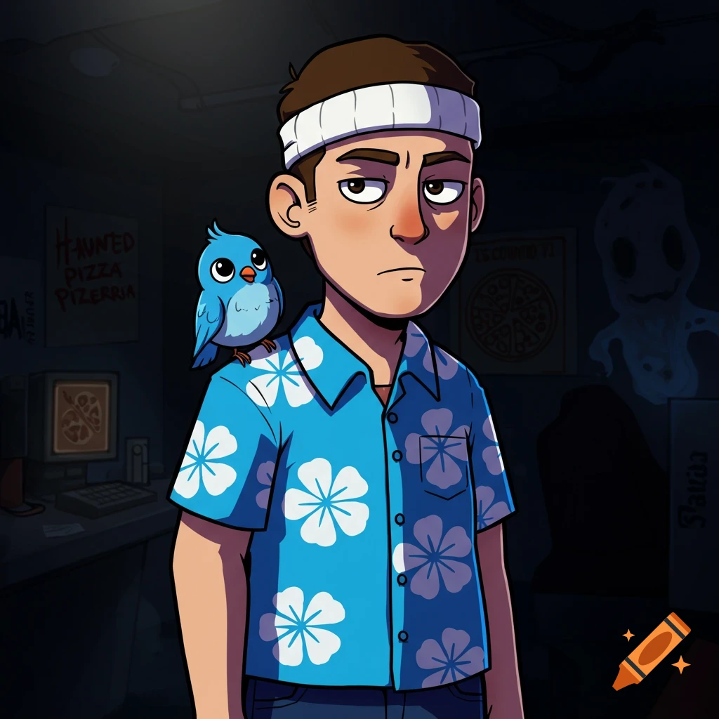 Cartoon character in a Hawaiian shirt with a bird on shoulder in a dimly lit office.