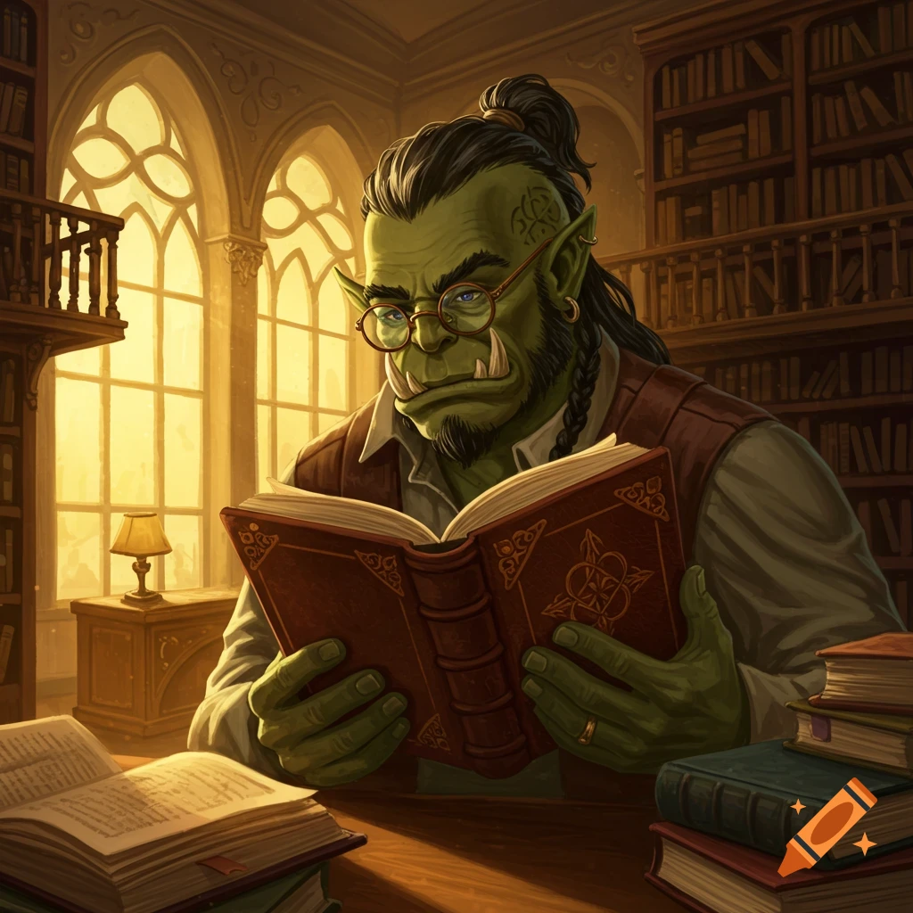 A green-skinned orc wearing glasses is reading a large book in a library.