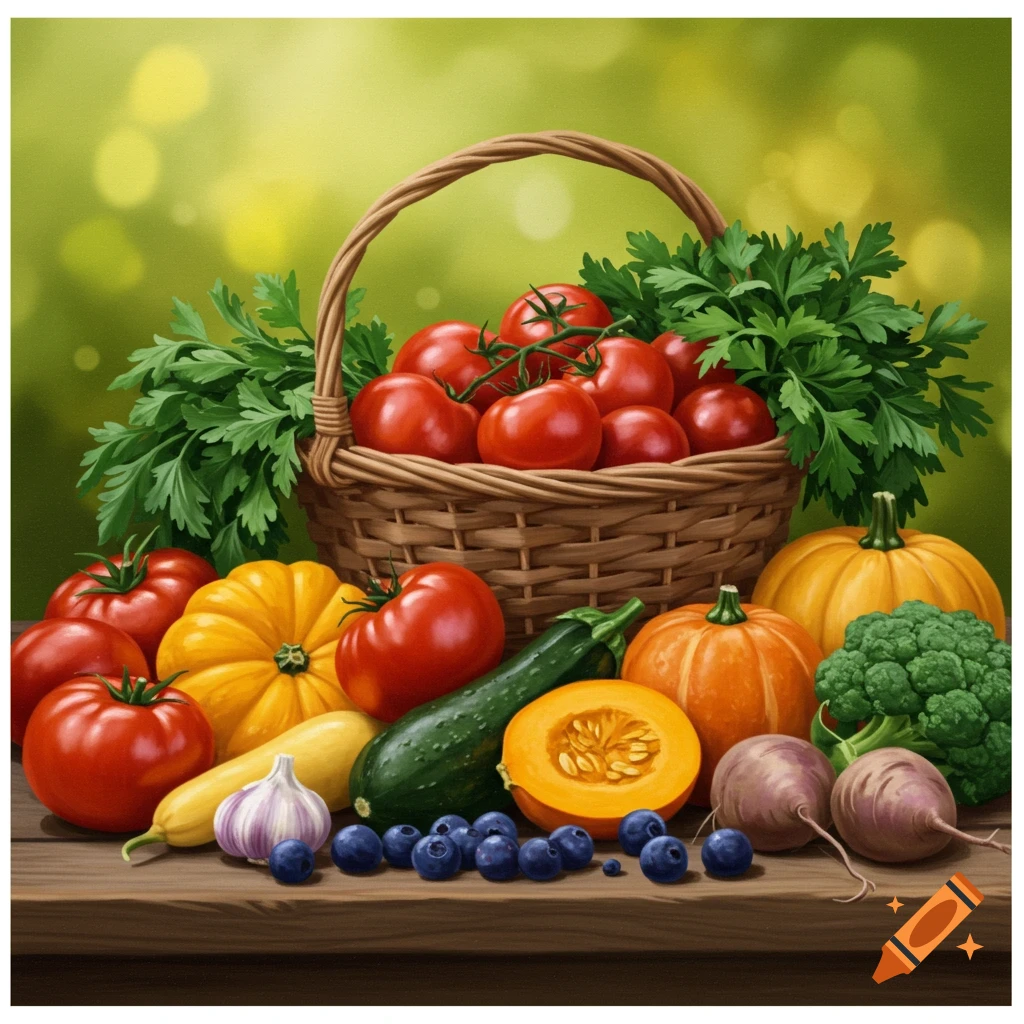 Organic vegetables and fruits are arranged on a wooden table.