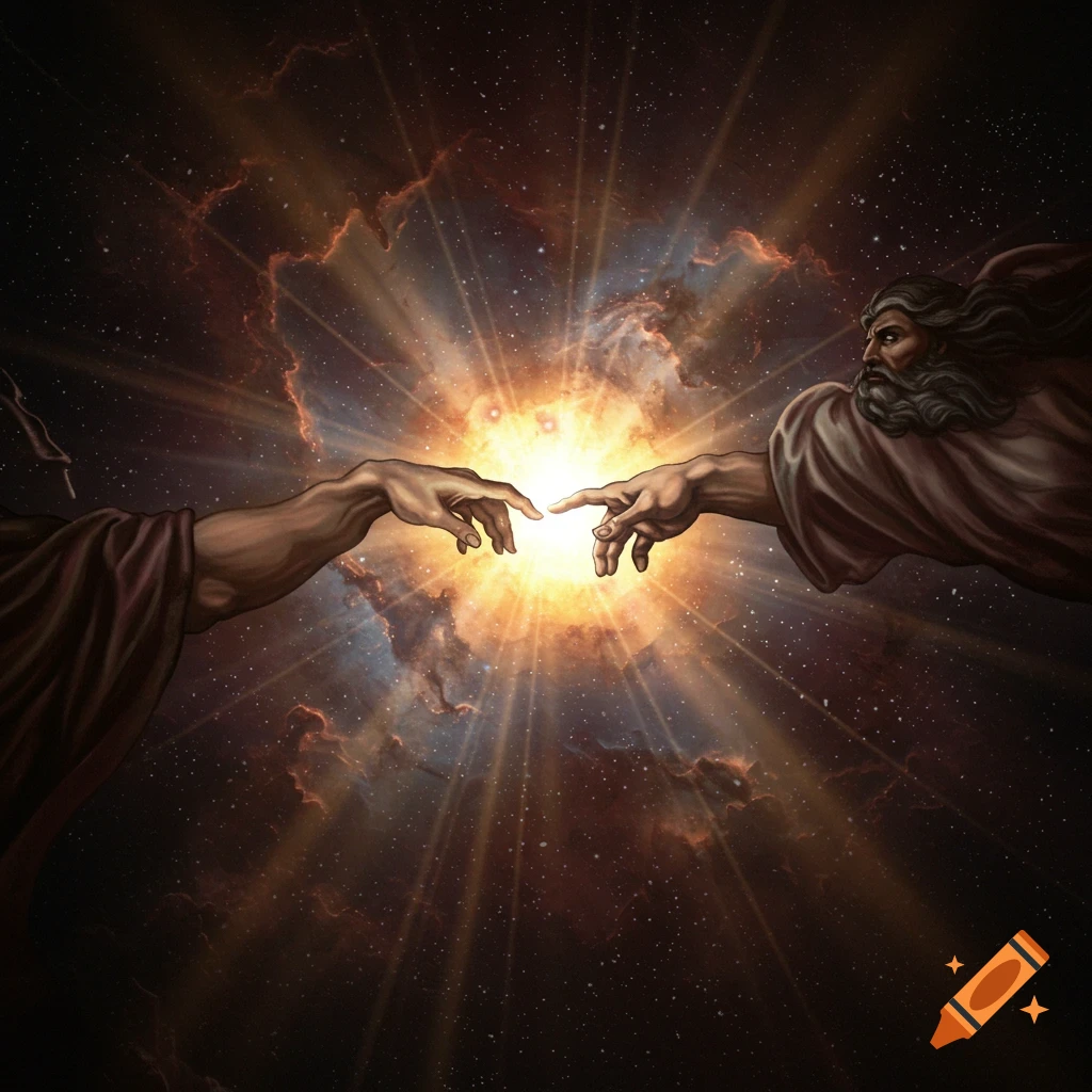 Two hands reaching towards a bright light in space, referencing The Creation of Adam.
