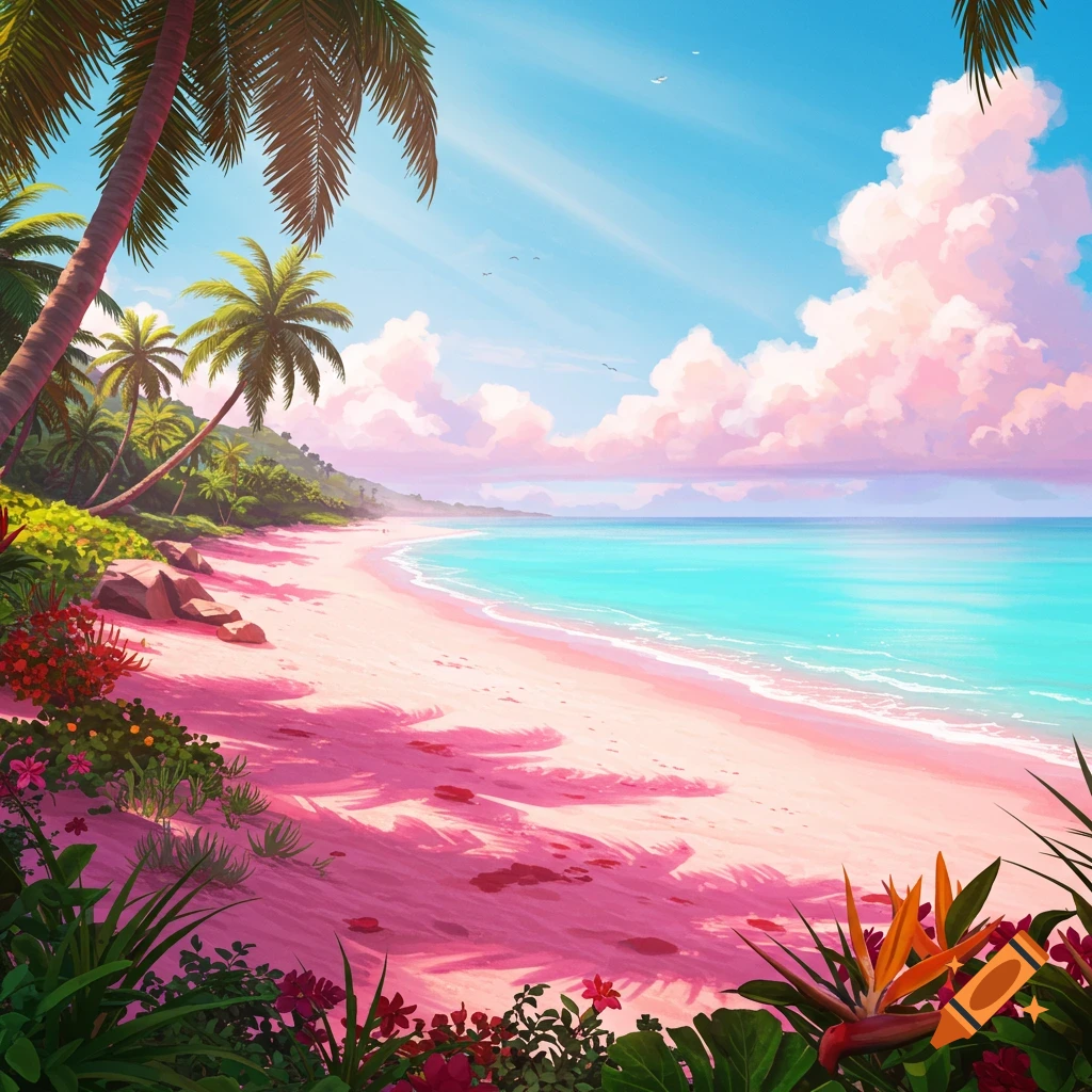 A tropical beach with pink sand, palm trees, and pink clouds over a blue ocean.