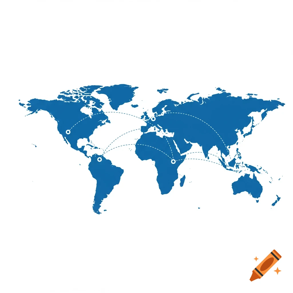 Minimalist blue world map with dashed lines showing routes between continents.