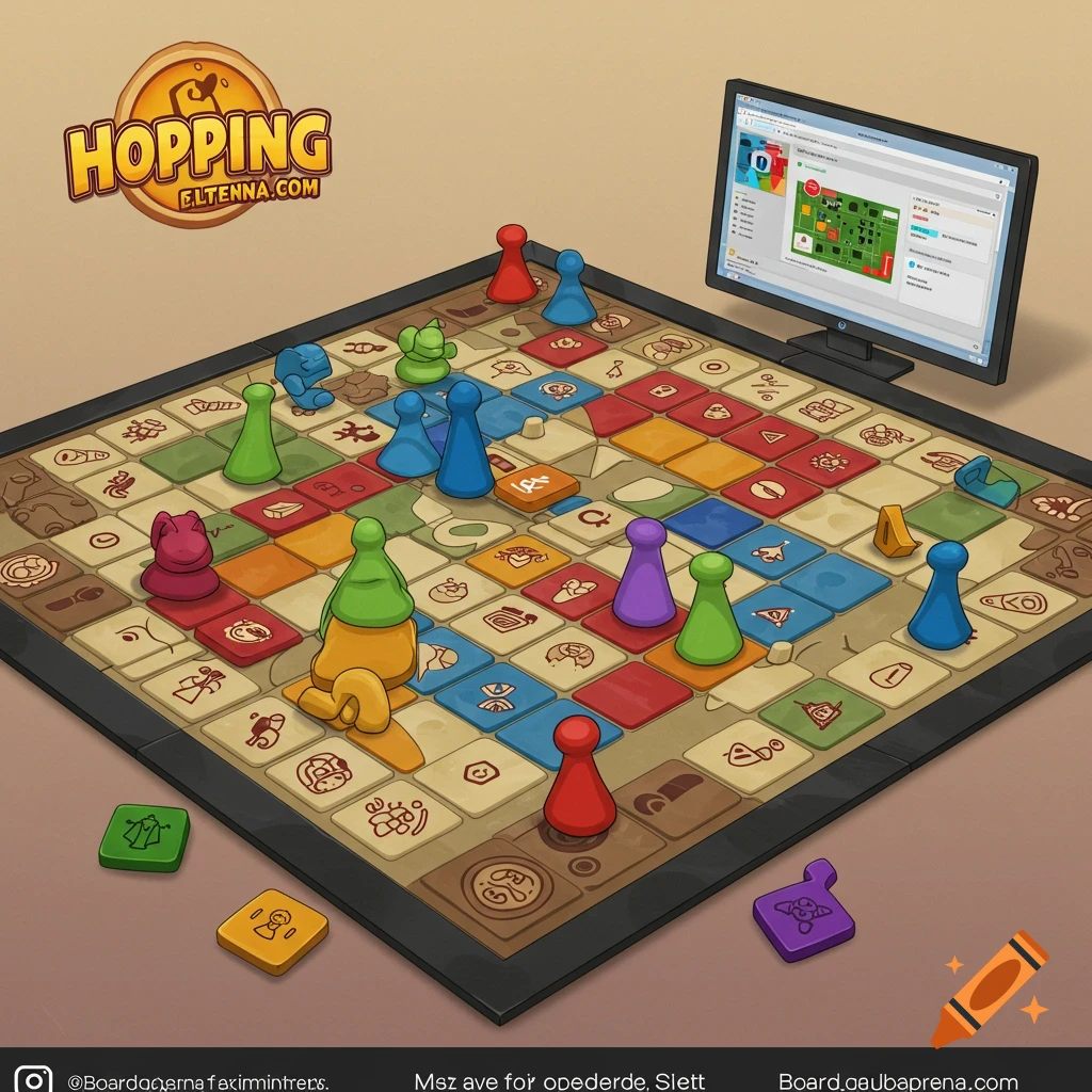 A board game with colorful pieces and a monitor showing a game interface.